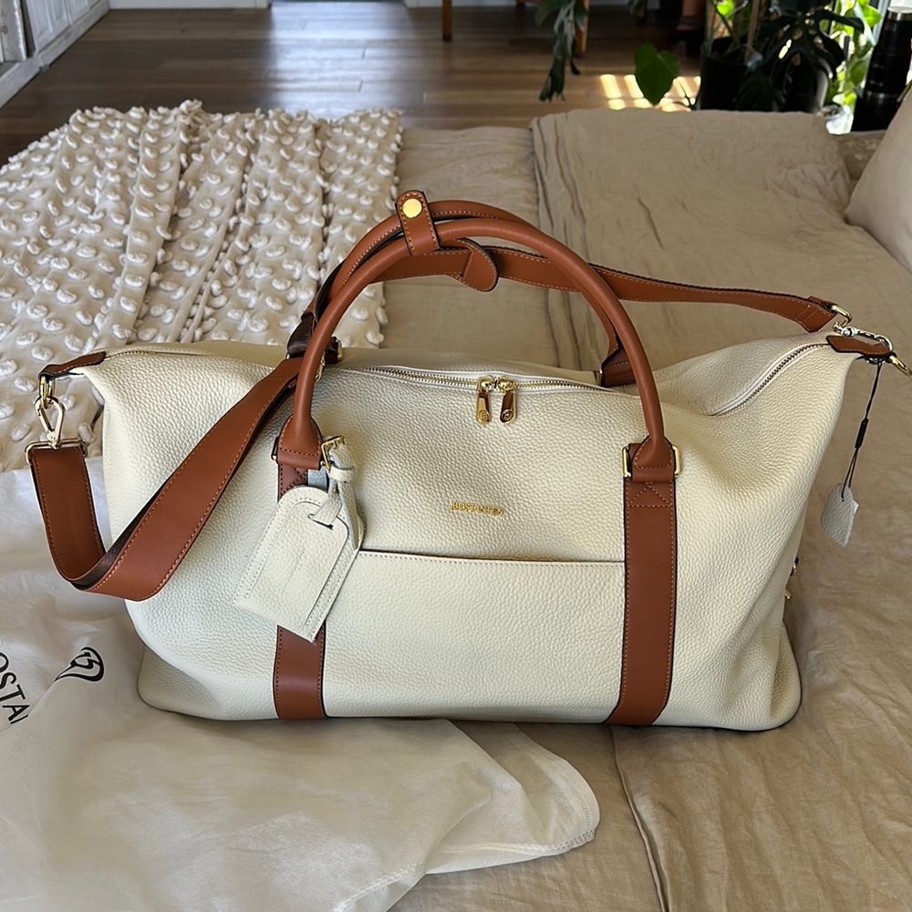 BOSTANTEN Judea Cream and Brown Leather Travel Duffle Bag